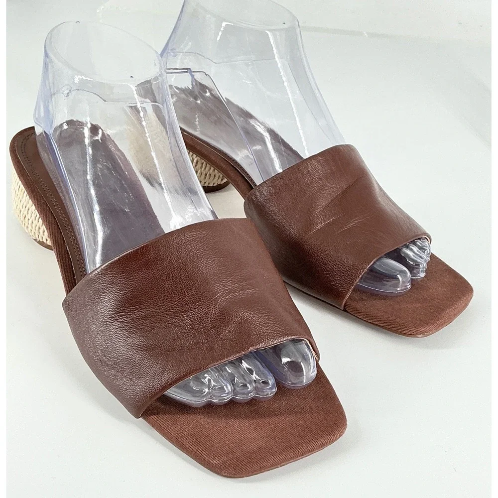 Nordstrom Size 9.5 Brown Leather Woven Raffia Block Heel Sandals Winona - Picture 3 of 12